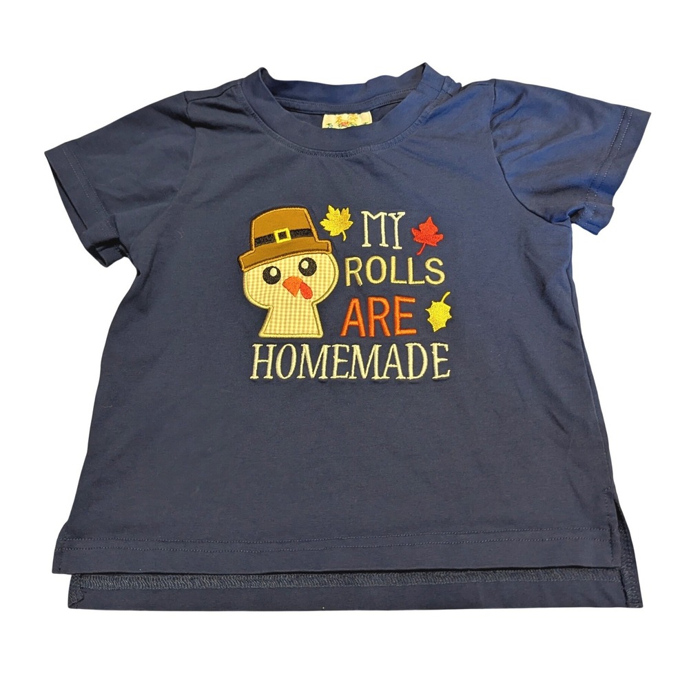 Busy Bees Smocks Toddler 3T Navy Shirt Thanksgiving Turkey My Rolls Are Homemade
